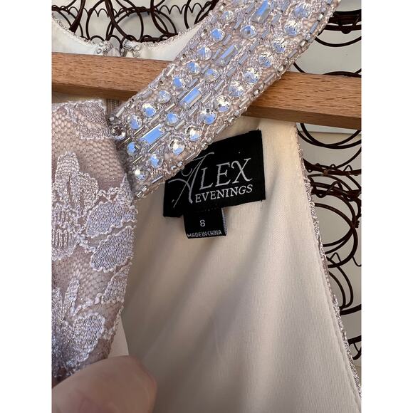 Alex Evenings Long Halter Lace Sheath Dress with Skirt Slit in Taupe Size 8 - Picture 5 of 7